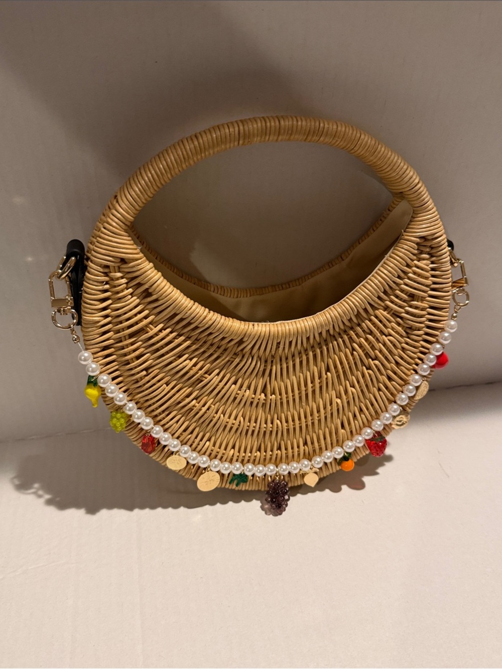 Woven Rattan Half-Moon Handbag with Pearl and Bead Trim